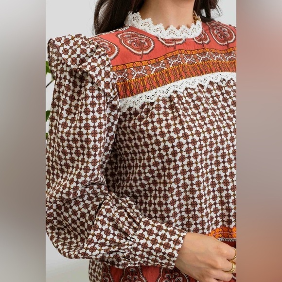 MINE Boho Blouse Women’s Size M Puff Sleeve Victorian Lace Trim Floral P… - Picture 2 of 10